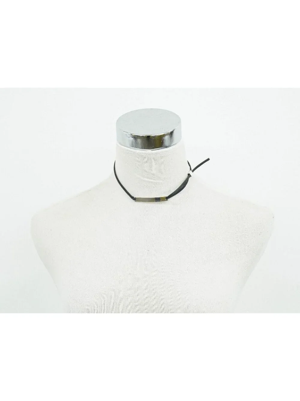Gucci Logo Plate 925 Leather Choker Necklace Silver Black